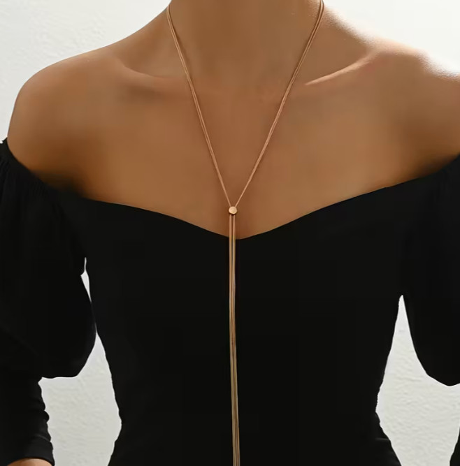 Elegante Collar Largo Capas Ajustable Tono Dorado Hueso de Serpiente Cadena Collar