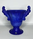 STUNNING! RARE! Fenton Periwinkle Blue Slag Glass Loving Cup Urn Trophy Vase!!