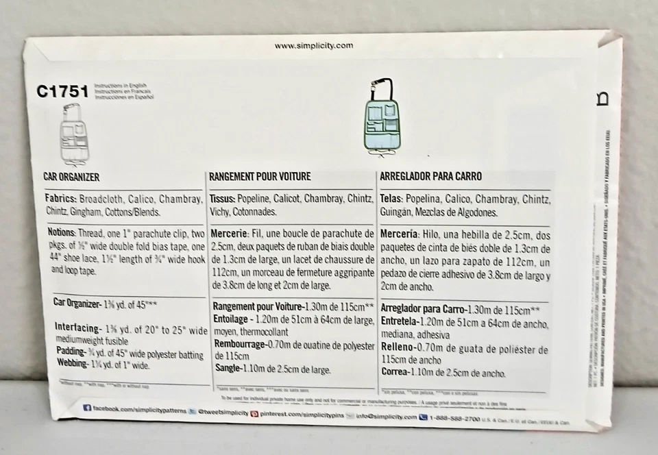 Simplicity So Easy Pattern C1751 Car Organizer One Size - Image 2 of 2