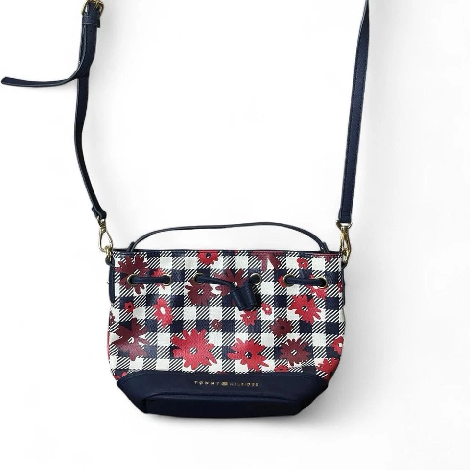 Tommy Hilfiger Plaid Floral Crossbody Bucket Bag – Red & Navy Drawstring Purse - Image 2 of 4
