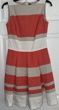 Lauren Ralph Lauren Flare Coral Beige Striped Pleated Sleeveless Dress Sz 2