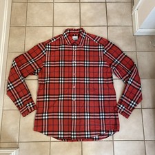 Burberry Plaid Long Sleeve Cotton Shirt Men Large Red London