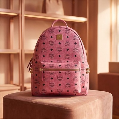 MCM VISETOS STUDDED MEDIUM STARK BACKPACK Bubble Gum Pink MSRP $1399