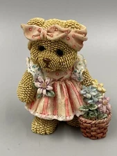 3.5” Inch Teddy Bear Girl In Dress W/ Spring Flower Bucket Figurine Statue