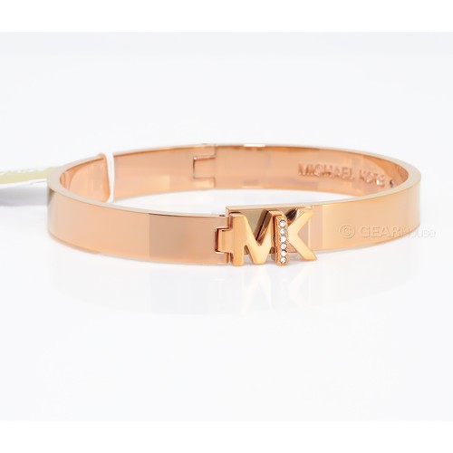 Michael Kors Womens Rose Gold Steel Bangle Bracelet Twist Lock MK Clasp Crystals - Picture 1 of 6