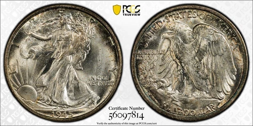 PCGS MS66+ 1945-S Walking Liberty Half Dollar