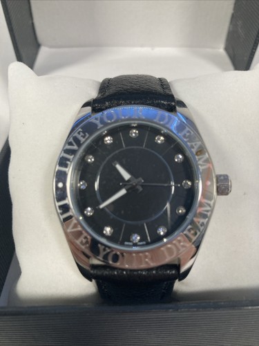 Reloj Steel by Design Live Your Dream Acero Inoxidable Cuero Negro Nuevo en Caja - Imagen 2 de 7
