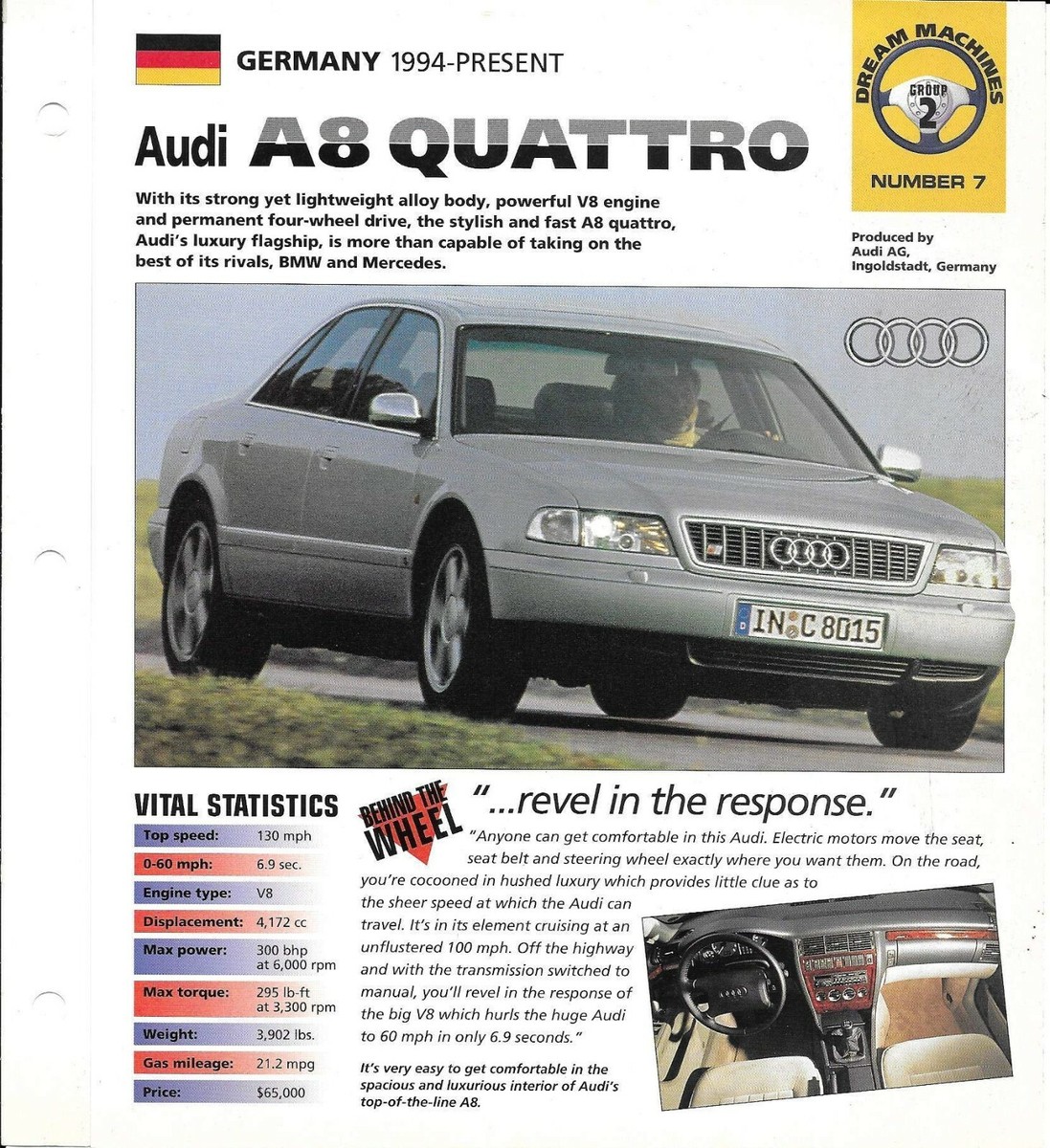 Dream Machine folder 1994-1998 AUDI A8 QUATTRO SPEC SHEET card Hot