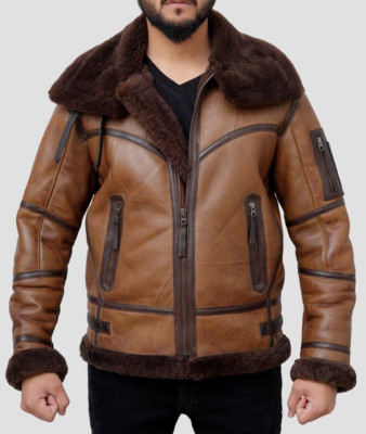B3 RAF Brown Mens Bomber Flying Aviator Fur Irvin Real Shearling Leather Jacket