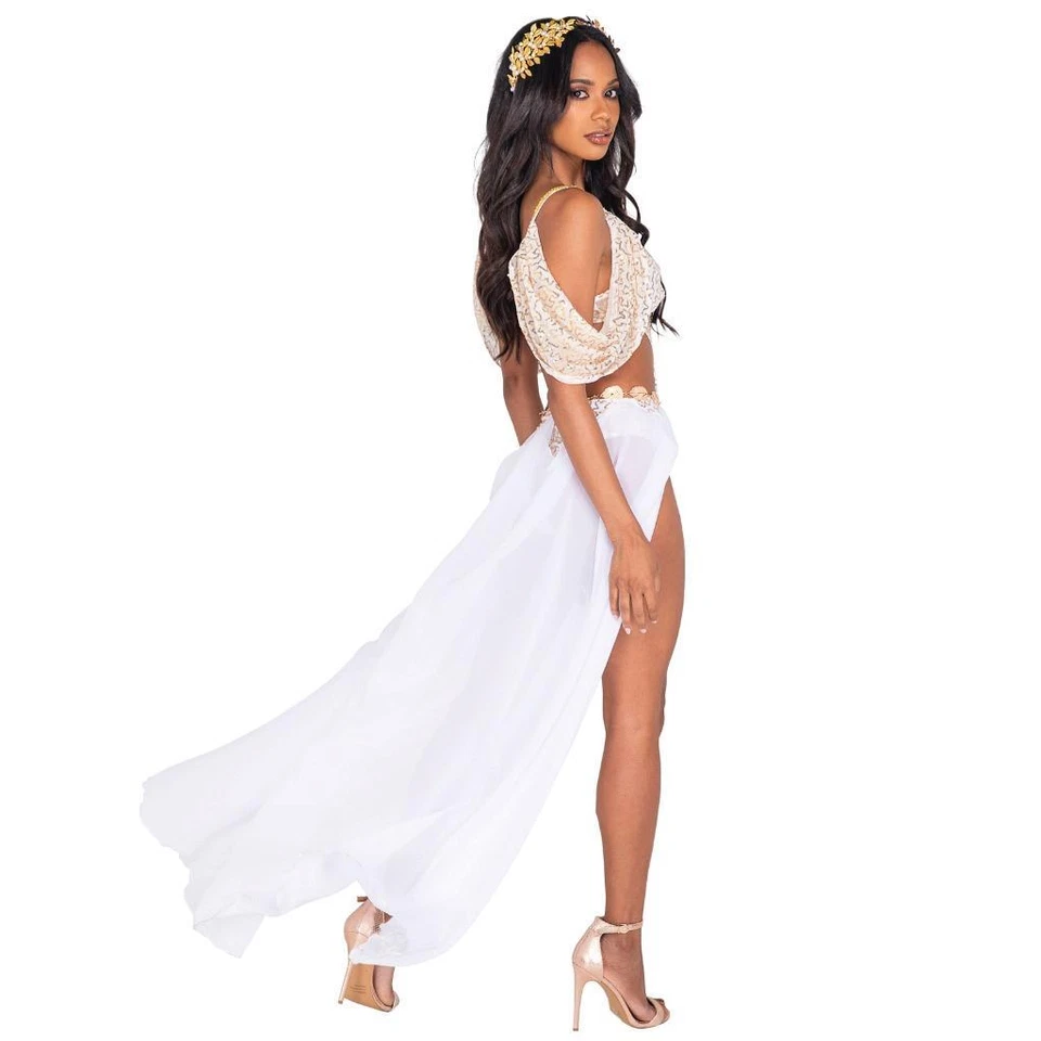 Disfraz de Diosa Body Maxi Falda Borde Dorado Mangas Drapeadas Fluidas Blanco 5043 Foto 4 de 4