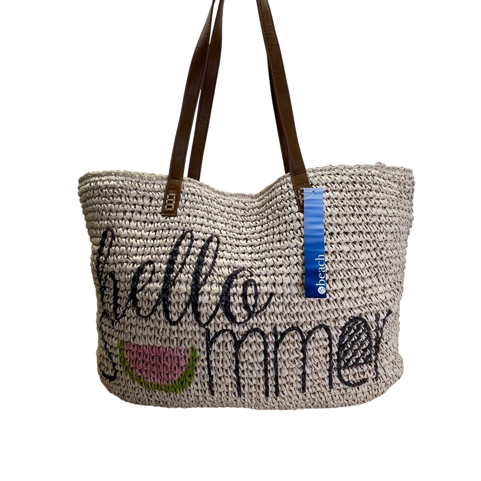 Beach Tote Bag with Faux Leather Straps & Watermelon Design for Summer