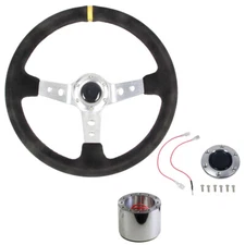 CJ Classic Trucks Steering Wheel 14" 6-Bolt 3-Spoke Aluminum Suede-Wrapped Ki...