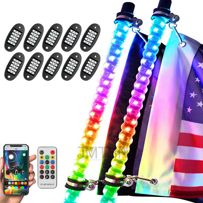 2X 2FT ATV UTV RZR RGB LED Whip Lights & 10 Pods Rock Lights Underglow LED Kit