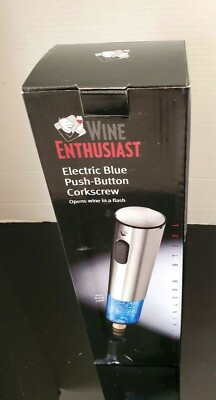 Wine Enthusiast Electric Blue Push-Button Corkscrew Automatic Stainless Steel 