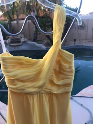 david's bridal yellow prom dress DAVIDS BRIDAL 8 S M Yellow Chiffon Lace ONE SHOULDER GOWN Formal Bridesmaid  Prom