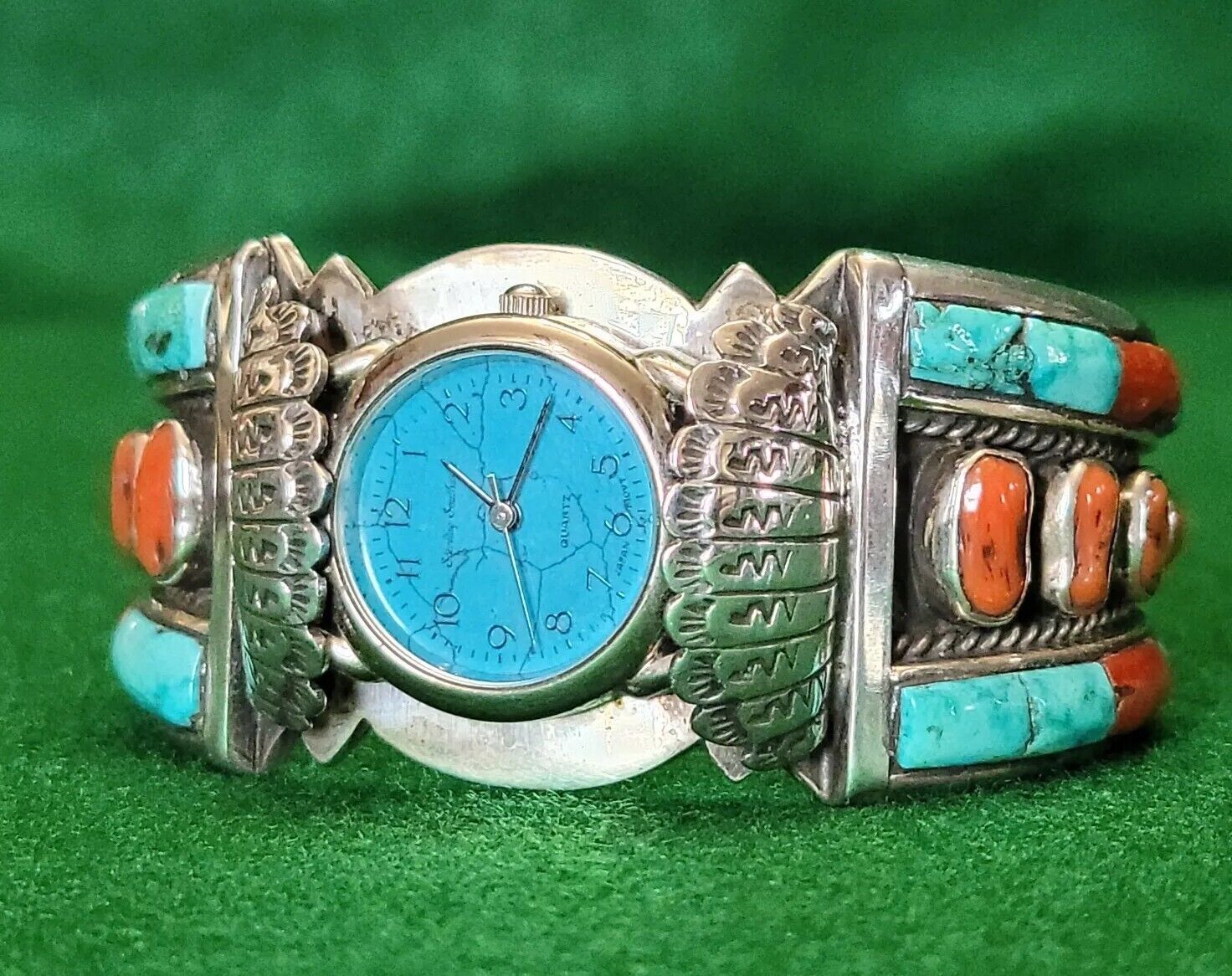 Old Pawn Turquoise Coral Signed LJ Navajo 925 Ste… - image 3