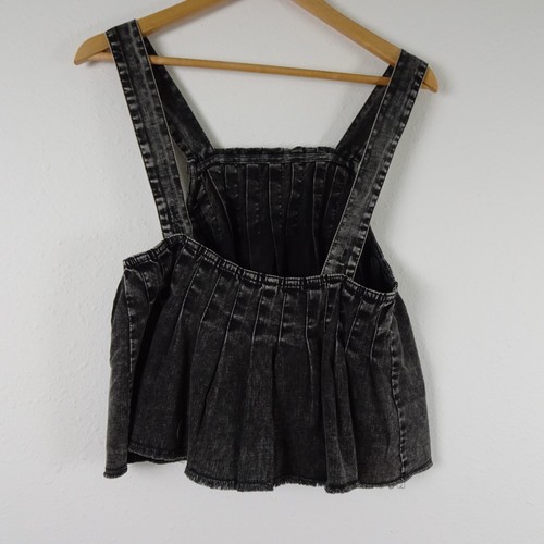 Free People Tank Top Women's Size S  Black Denim Pleated Raw Hem Marina Loose - Picture 6 of 10