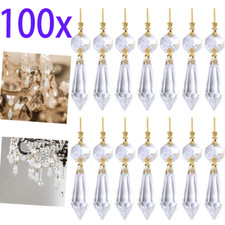 100x Clear 38mm Crystal Chandelier Lamp Icicle Prisms Parts Hanging Gold Pendant