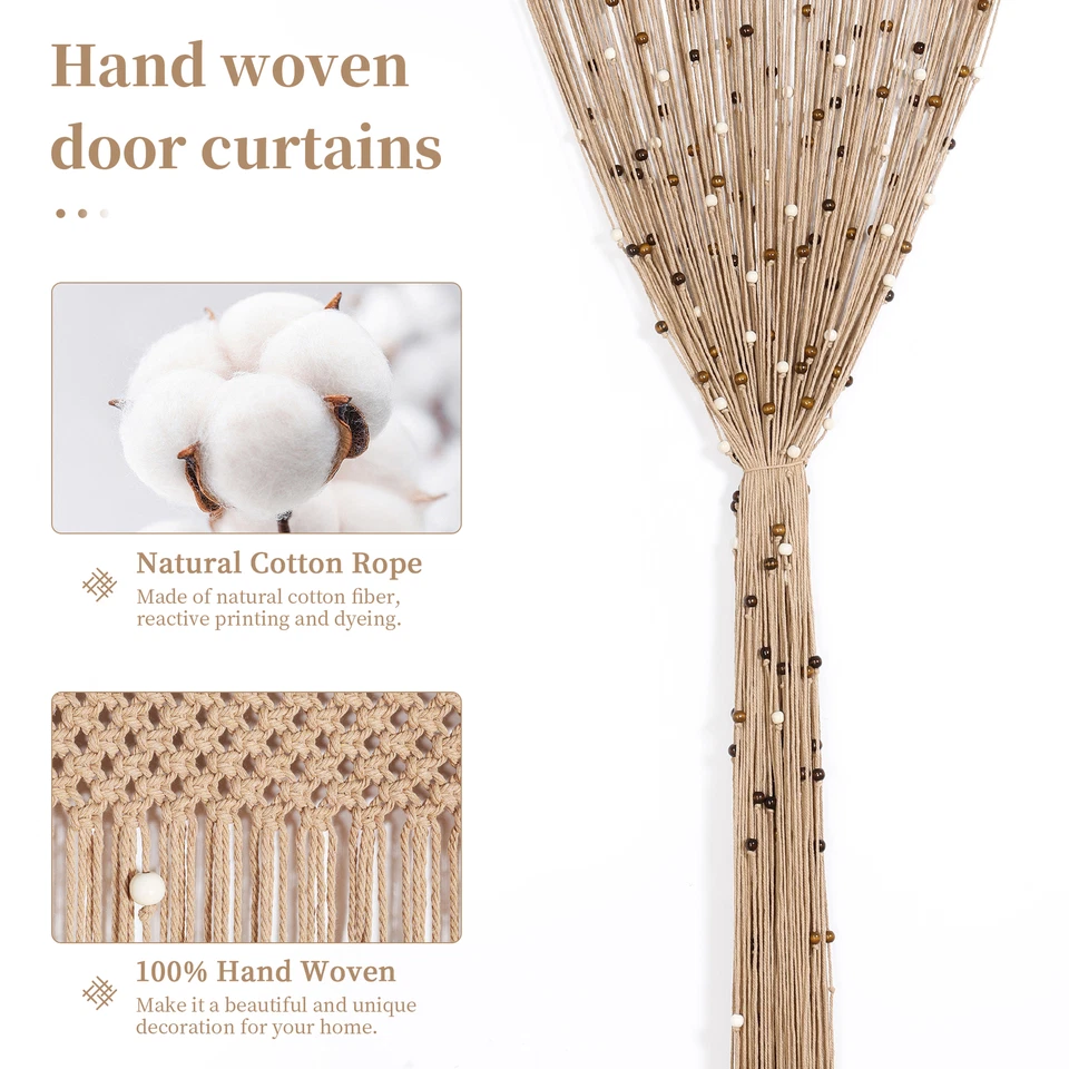 2Pcs Macrame String Curtain w/ Wooden Beads Hippie Hanging Tapestry Room Divider - Image 3 of 4