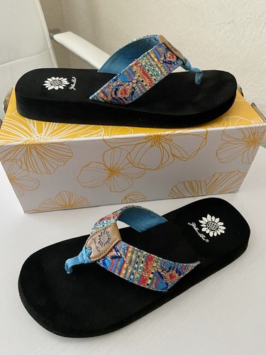 yellow box blue sequin flip flops