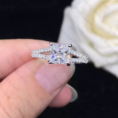 2.0 TCW Princess Cut Moissanite Split Shank Engagement Ring