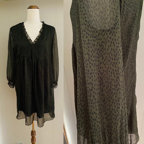 Dress Cocktail Babydoll ZARA Size M Khaki Green Black Spot Ruffle Lined Party