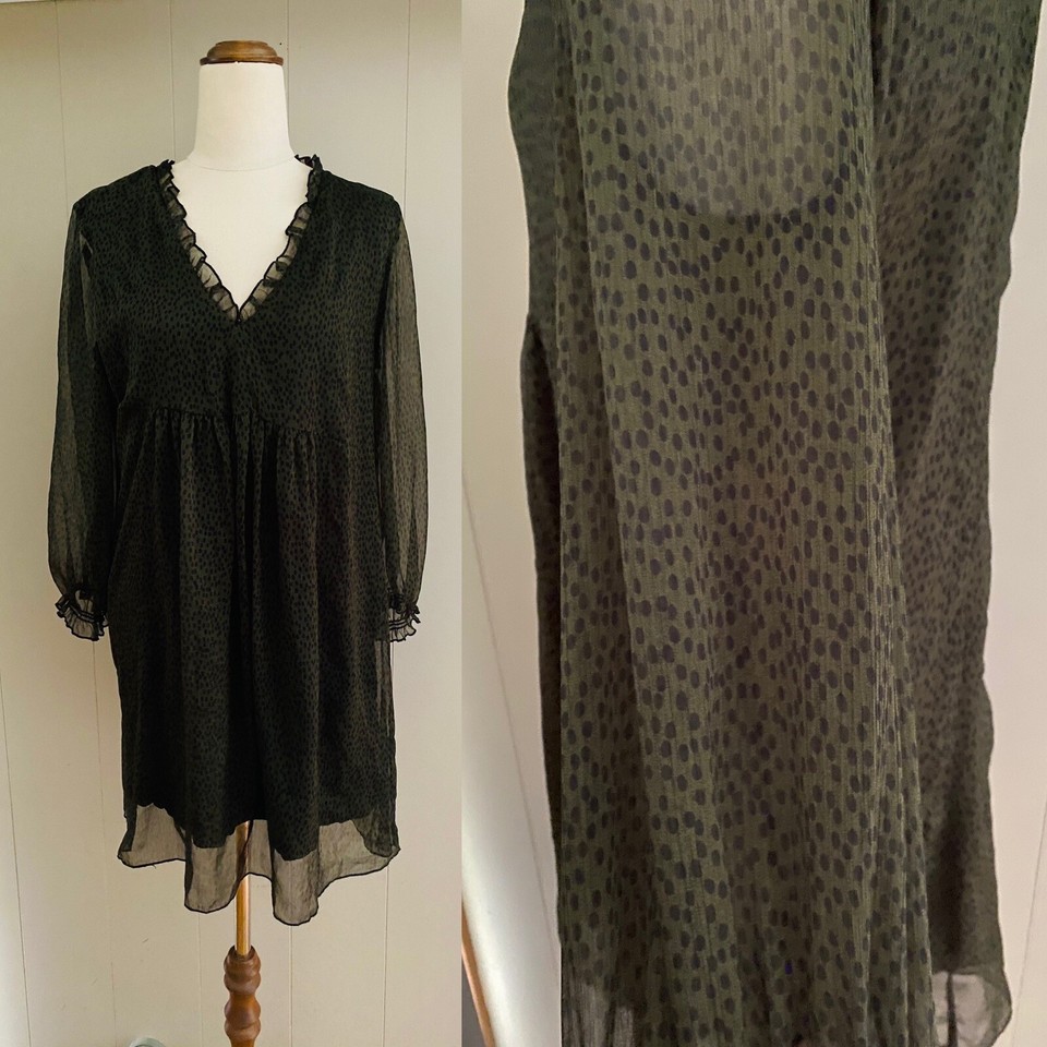Dress Cocktail Babydoll ZARA Size M Khaki Green Black Spot Ruffle Lined Party