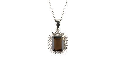 Sterling Silver Genuine Diamond and Smoky Quartz Rectangle Gemstone Necklace 