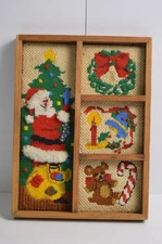 Vintage Christmas Needlepoint Framed Santa Claus Wreath Teddy Art Candle