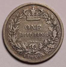 1852 UK Great Britain Silver Shilling Coin Q. Victoria KM# 734 Scarce