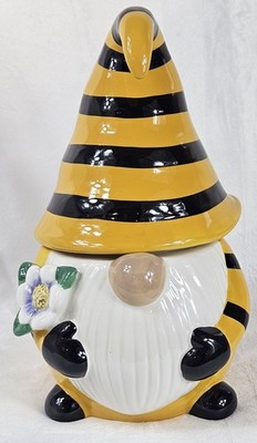 Gnome Cookie Jar Yellow & Black Bee Stripes  & Flowers 33 Ounces Summertime 