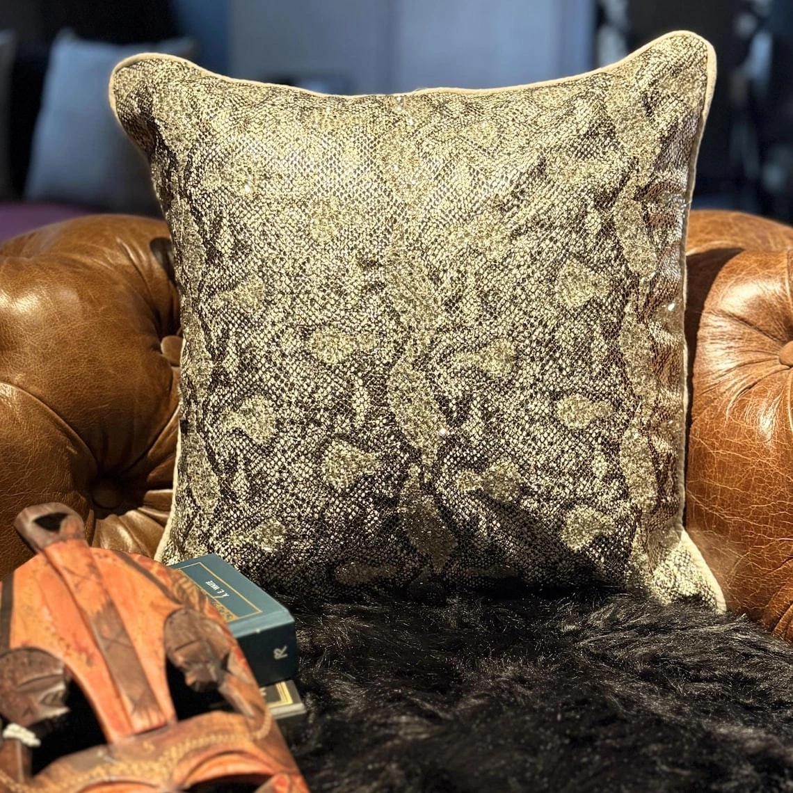 Decorative Pillow Case Gold 16"x16" Faux Leather & Suede - Walk The Wild