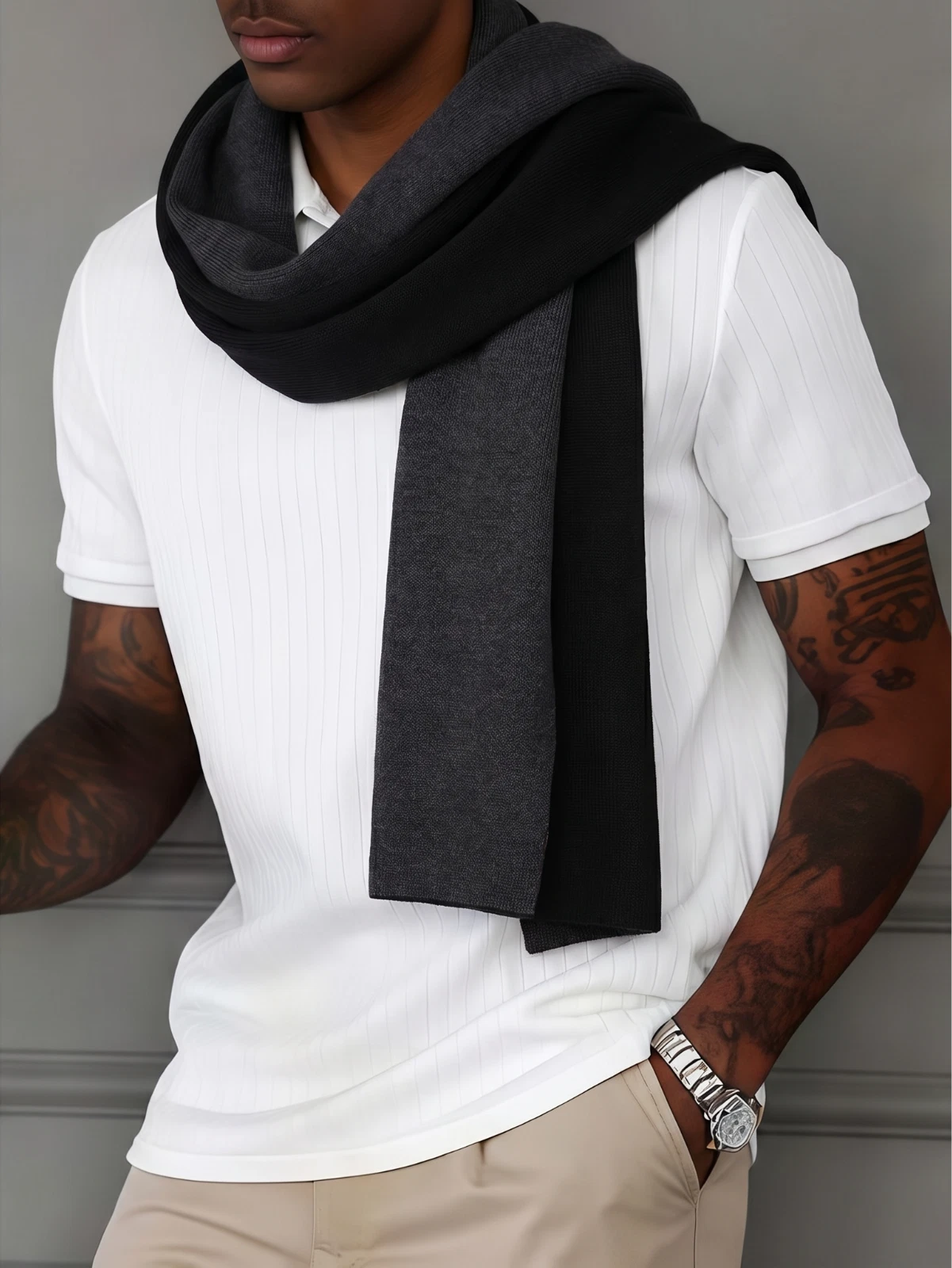 NWT Carneval 1951 Black & Gray Zegna Baruffa Merino Men's Scarf Italy 24"X82"
