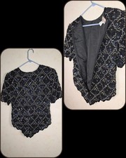 Laurence Kazar Vintage 80s Black Silk Sequined Beaded Evening Cocktail Top large