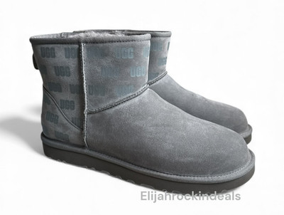 NEW UGG MENS CLASSIC MINI II UGG PRINT LOGO CHARCOAL SUEDE SHEEPSKIN BOOTS
