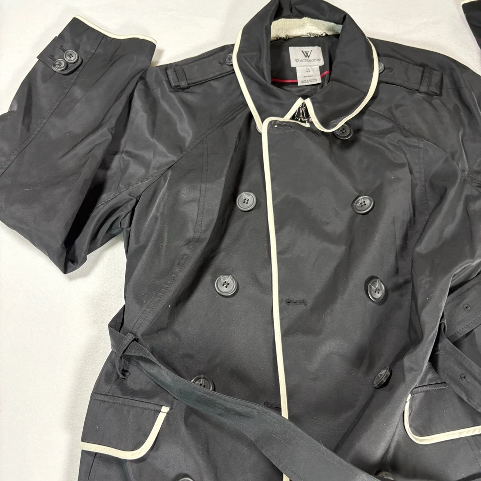 Worthington Trench Coat Women 1X Black White Trim Belted Double Breasted NWT - Image 3 of 4