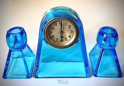 Fostoria Blue St.  Clair Clock Set With Matching Candle Holders