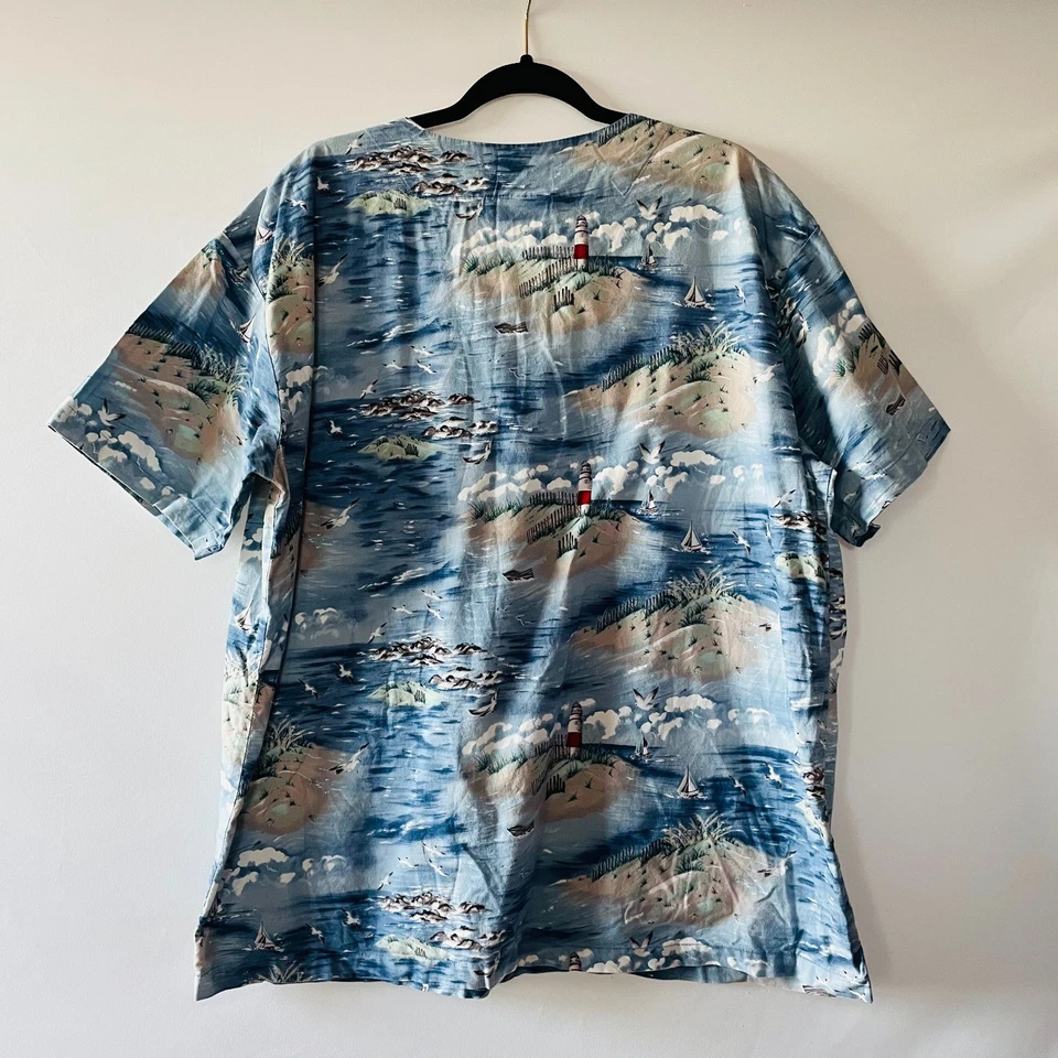 White Cross Womens Blue Nautical Oceanic Print Medical Scrub Top Size XL - Image 2 of 4