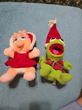 Vintage 1987 Baby Kermit And Baby Miss Piggy Christmas Plushes.