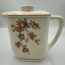 Edwin M Knowles Utility Ware Vintage Pitcher with Lid Flowers Red Stripe 6.5”
