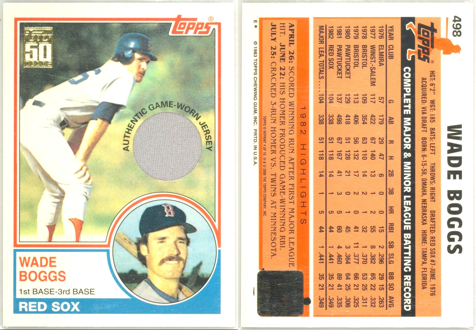 🍗HOF Wade Boggs GAME-USED JERSEY 2001 Topps Originals Relic 4 GAME-WORN Red Sox view 4