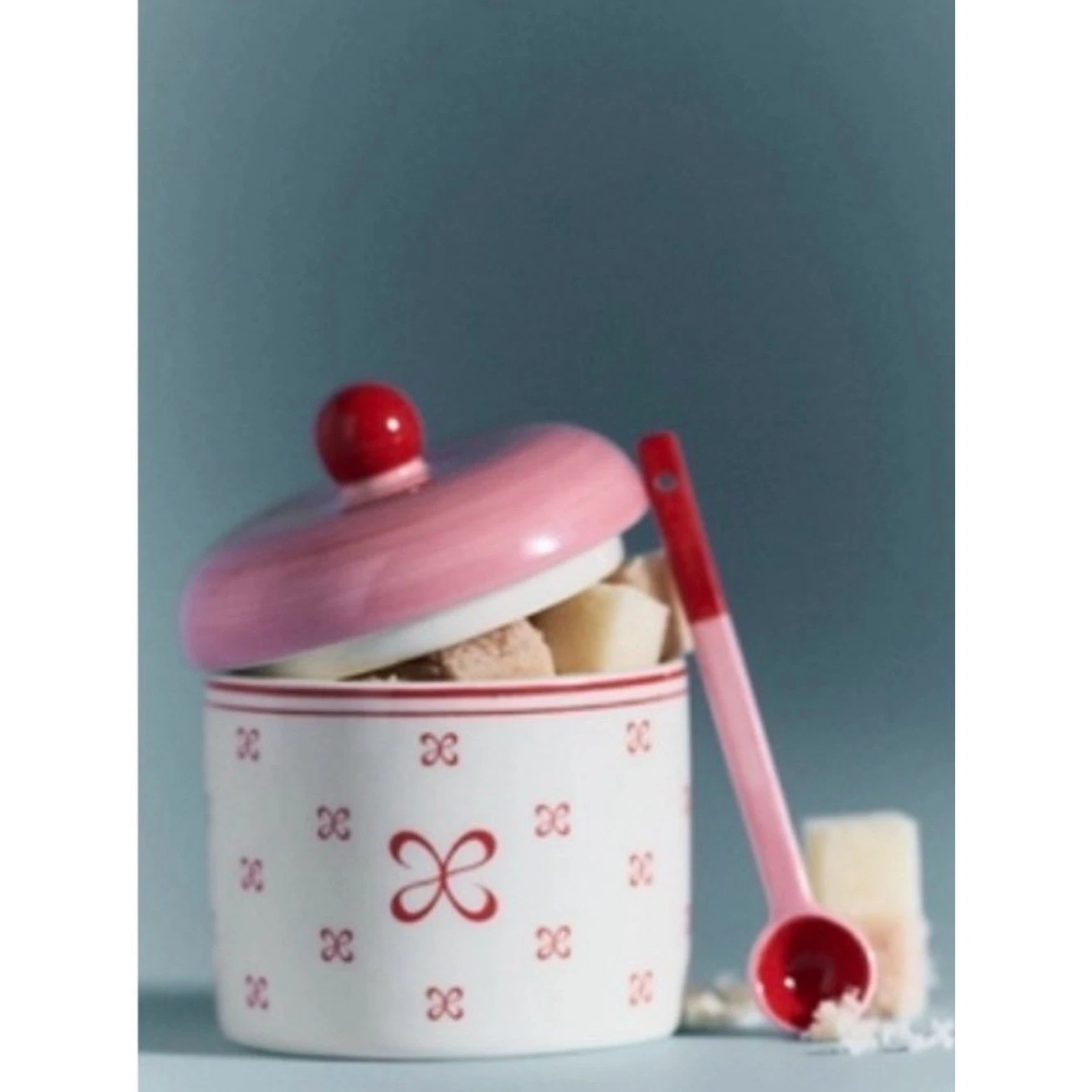 Anthropologie Pink & White Sugar Jar with Spoon