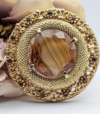 Vintage Signed Sphinx Large Gold Tone Glass & Rhinestone Brooch Clasp  