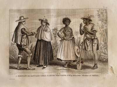 Engraving South America ''Santiago Chile - Peru - Brazilian Slaves''