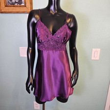 Fredericks of Hollywood Purple Satin Lace Trim Chemise Slip Dress Womens Large