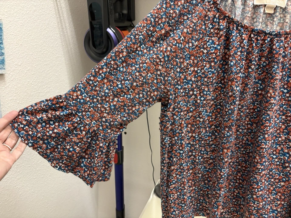 Michael Kors Mujer Manga Corta Campana Azul y Naranja Floral Top Talla LG Foto 2 de 4