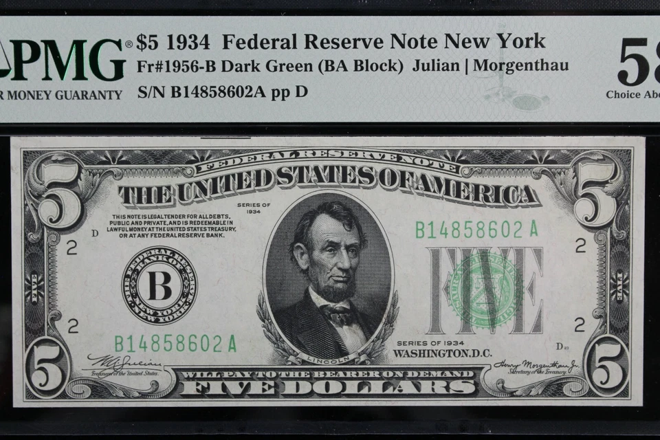 $5 1934 Dark Green seal PMG 58 EPQ FRN B14858602A five dollar Fr#1956-B bp 718  - Image 3 of 4