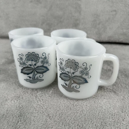 Glasbake Vintage Blue Onion Milk Glass Mugs Cups Lot of 4