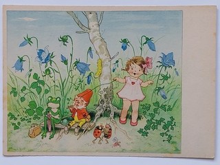 Postcard Fritz Baumgarten girl dwarf frog ladybug Cellaro 1948