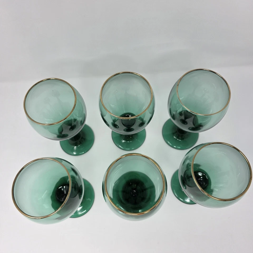 Juego de 6 copas de vino verde enebro lágrima Libbey vintage bordes dorados  Foto 2 de 4